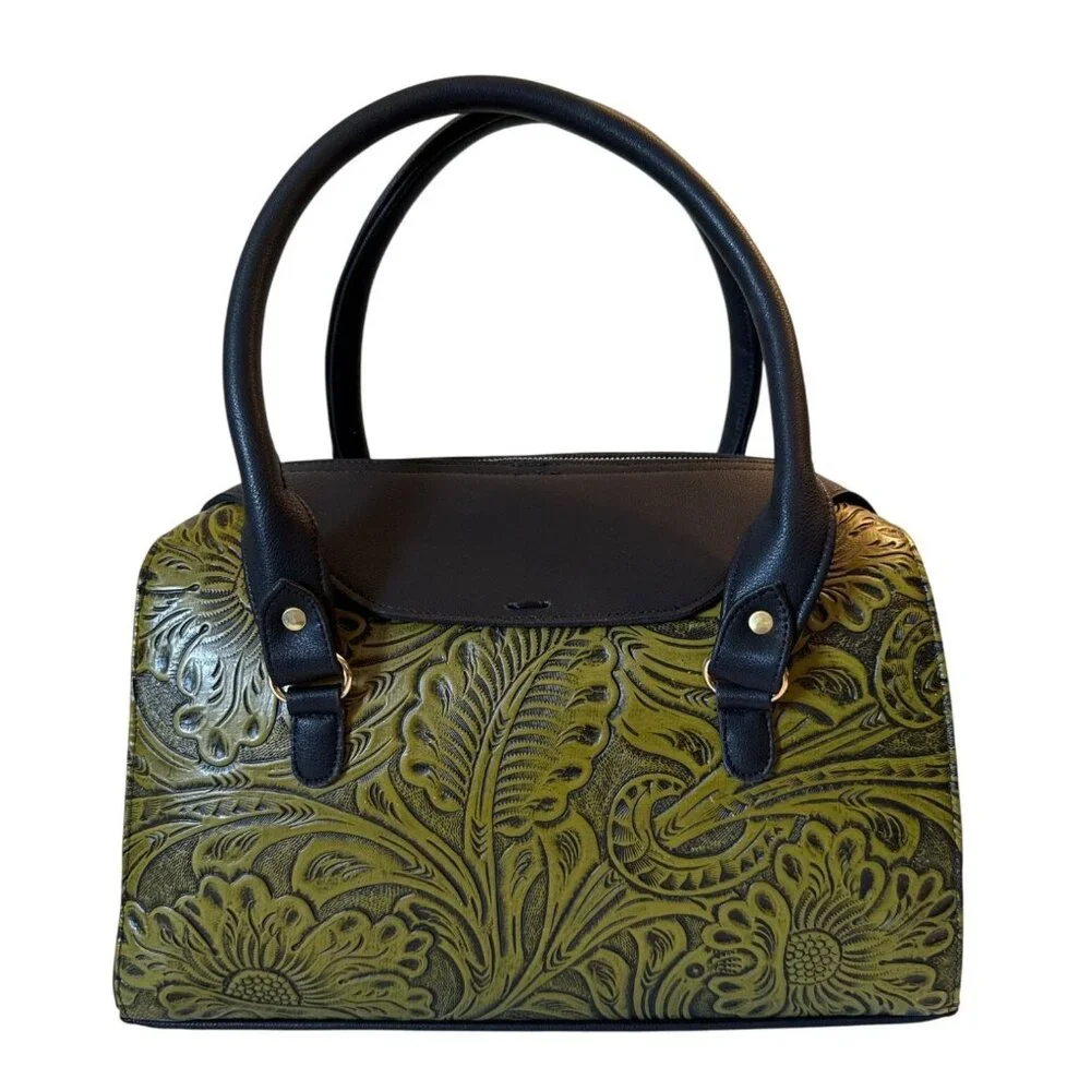 Tooled handmade olive green vegan‎ leather satchel shoulder handbag Women Large
